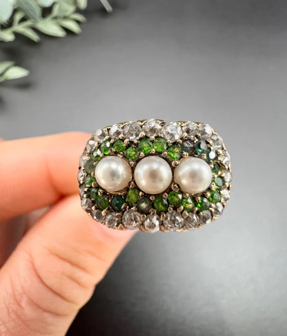 Antique Trilogy Cluster Ring In 18 Carat Yellow Gold With Gemstones