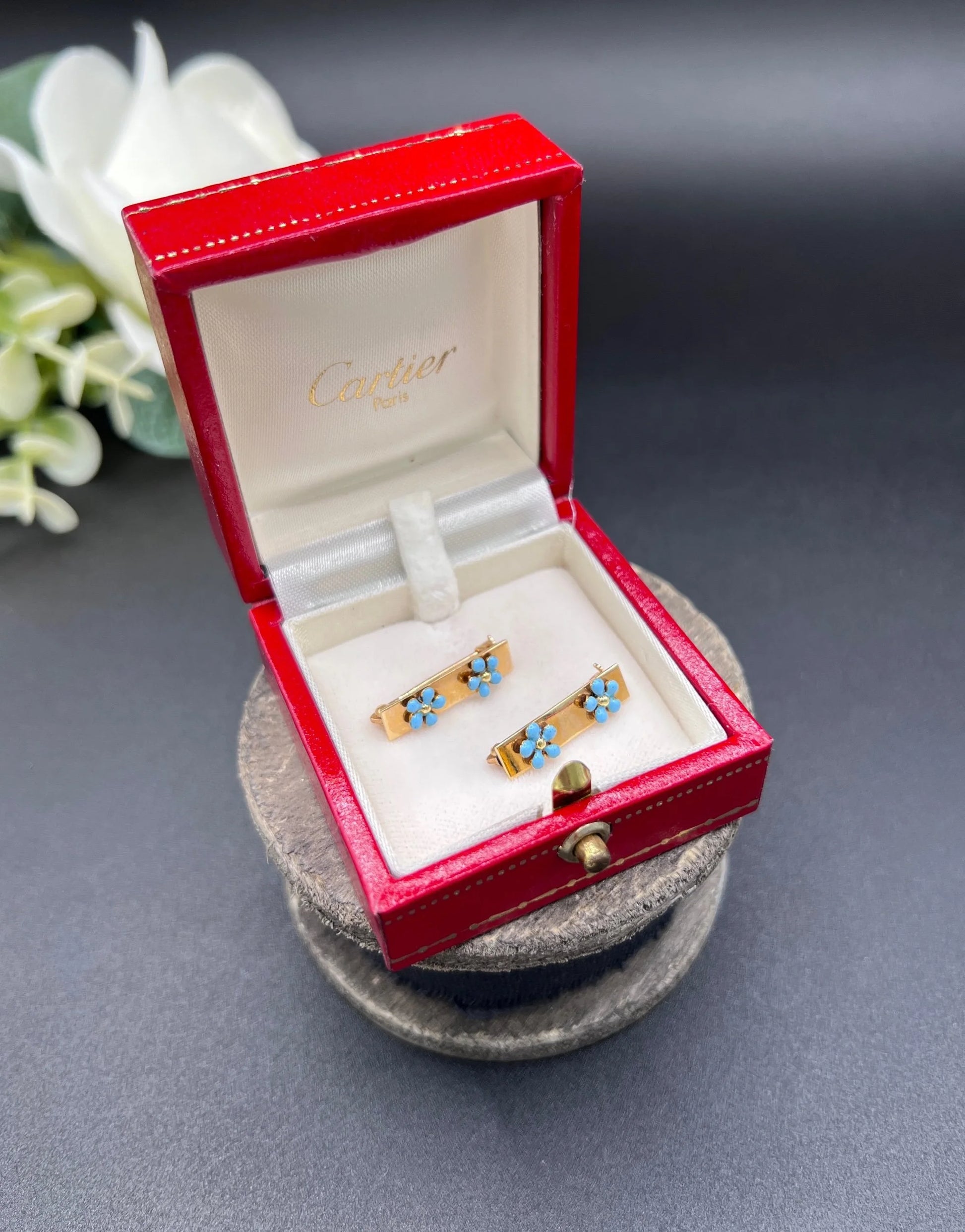 Antique 14 ct Gold, 1920's Cartier Turquoise Enamel Forget Me Not Collar Pins