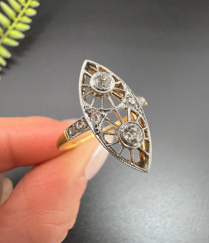 Antique 18 ct Gold And Platinum Open Work Diamond Marquise/Navette Shaped Ring