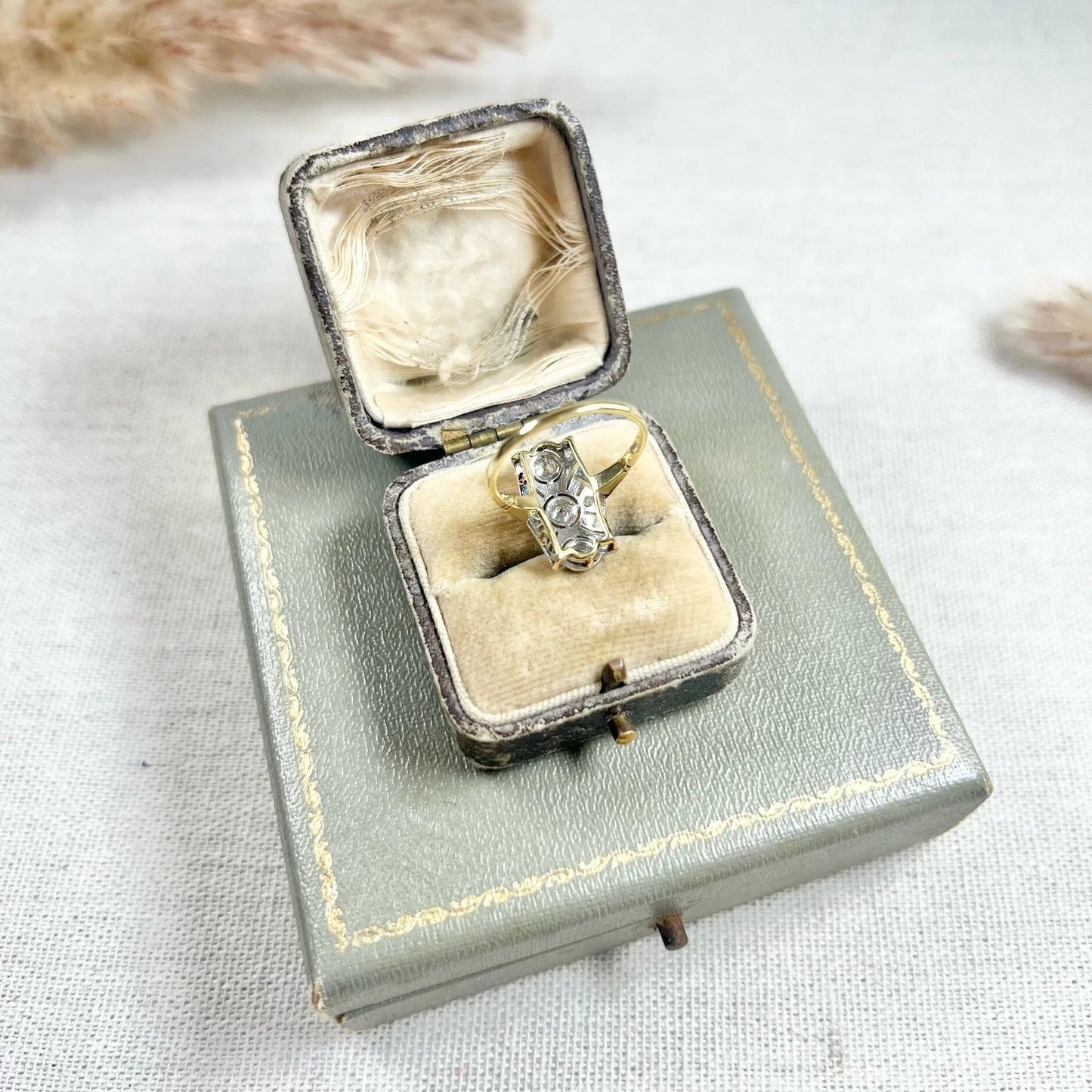 Edwardian Antique Old Cut Diamond Trilogy Cluster Plaque Ring in Platinum and 18ct Gold
