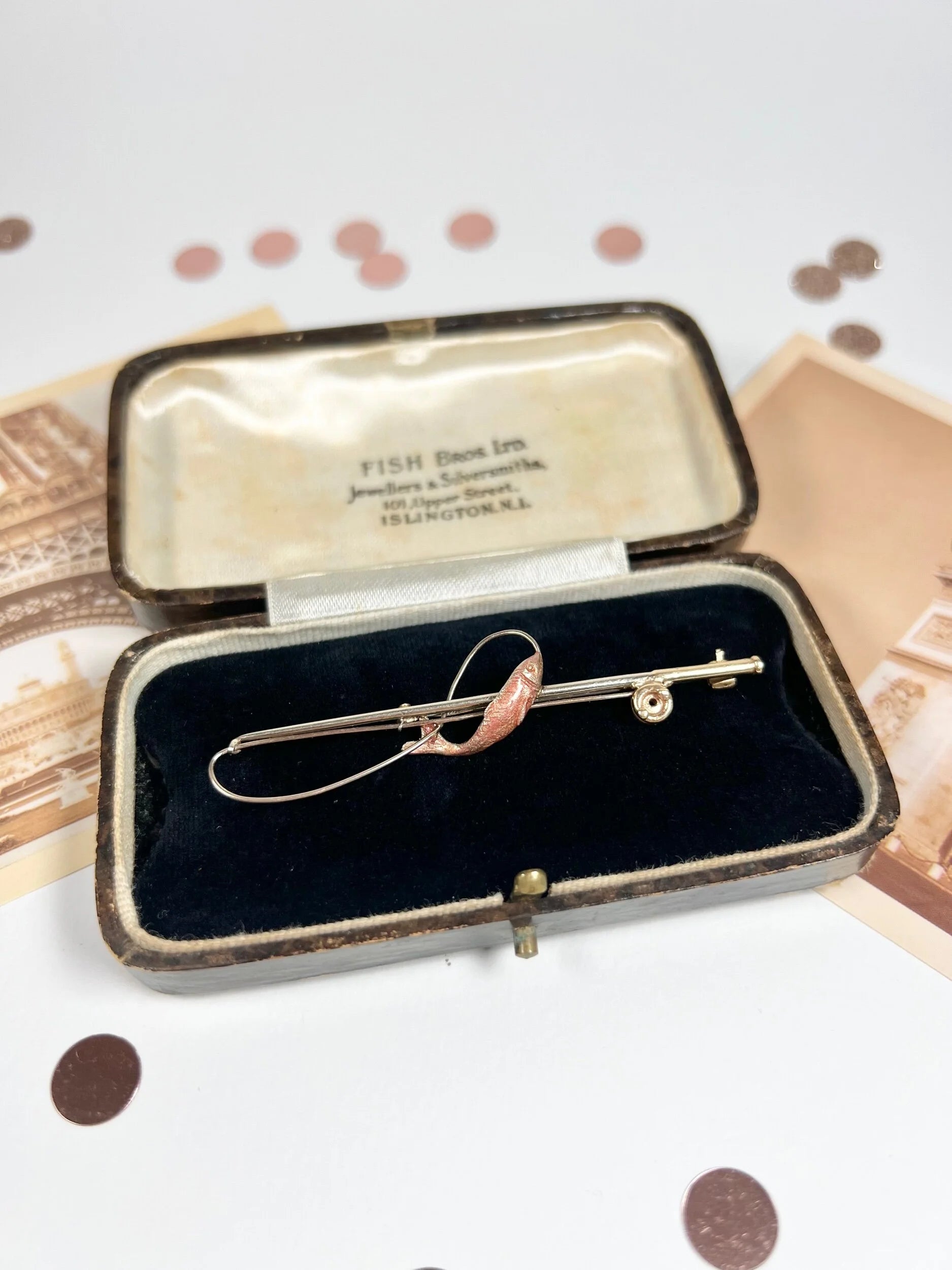 Antique 9ct Gold & Enamel Edwardian Fishing Rod Brooch, Hallmarked London 1905