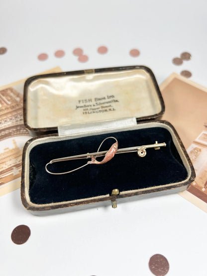 Antique 9ct Gold & Enamel Edwardian Fishing Rod Brooch, Hallmarked London 1905