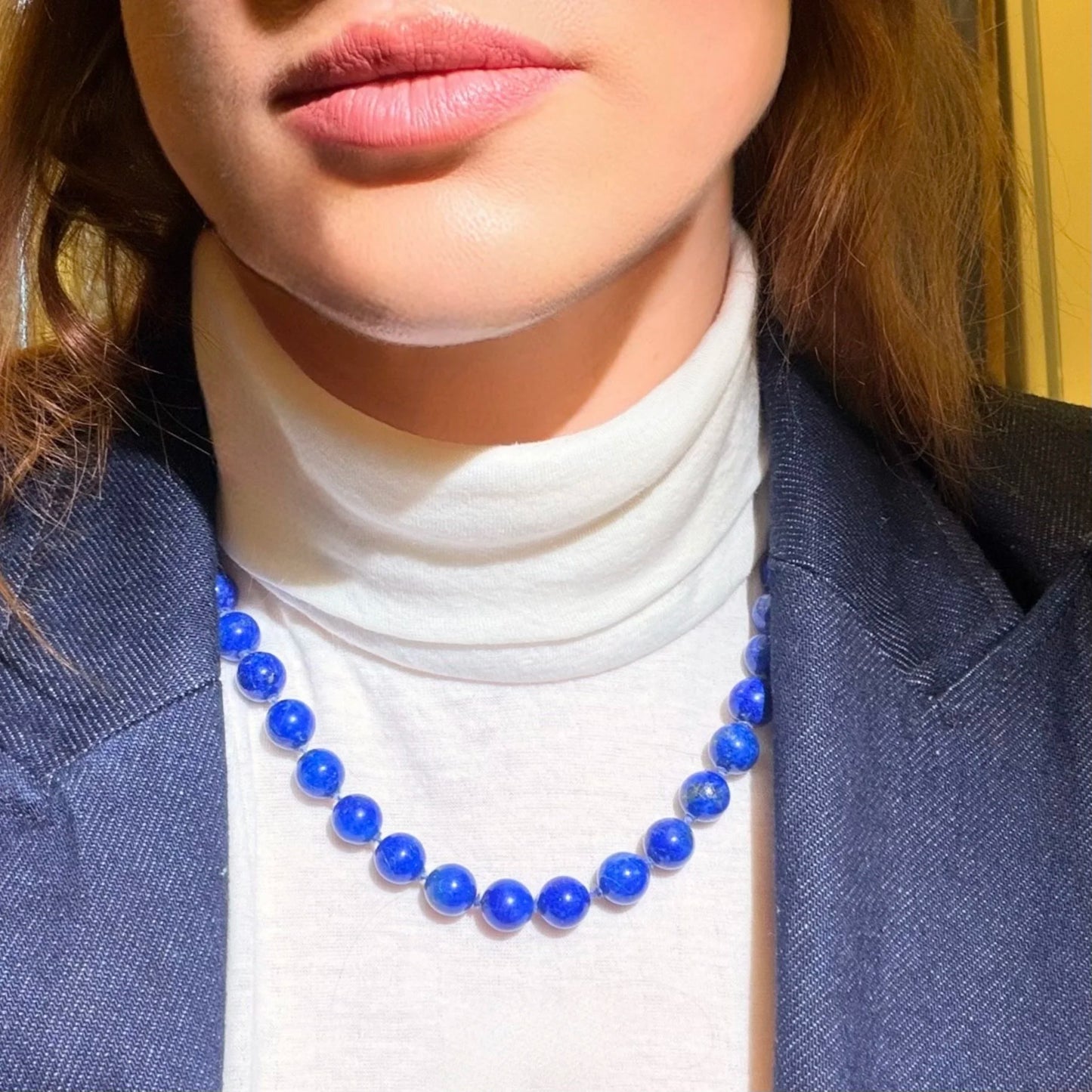 Vintage Lapis Lazuli Bead Necklace With Diamond Set 14 Carat Gold Clasp