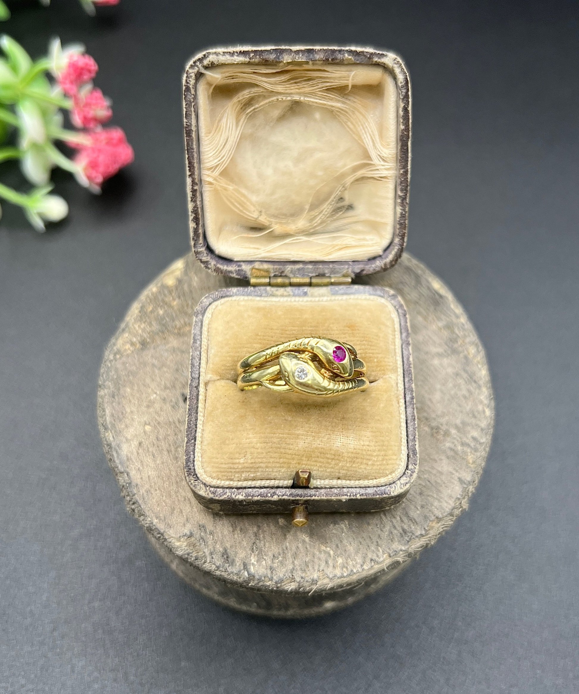 Vintage 14 Carat Yellow Gold Ruby and Diamond Double Headed Snake Ring, Circa 1930