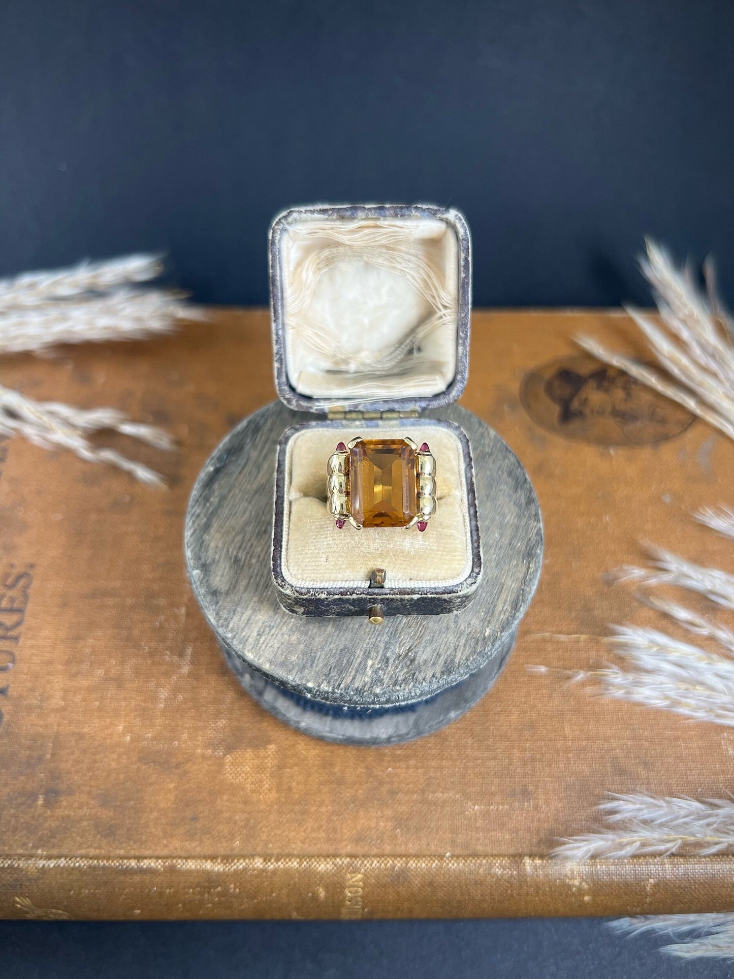 Vintage 18 Carat Yellow Gold Citrine and Cabochon Ruby Cocktail Ring, Circa 1940