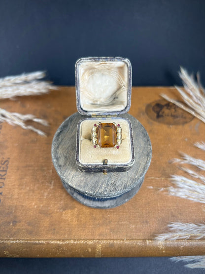 Vintage 18 Carat Yellow Gold Citrine and Cabochon Ruby Cocktail Ring, Circa 1940