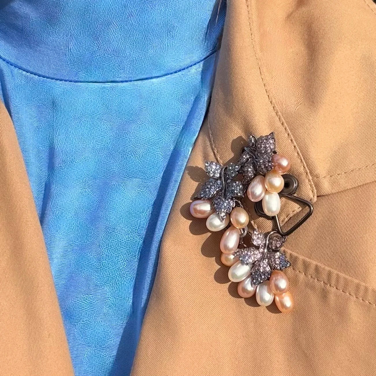 Mixed Cultured Pearl with Blue and Pink Sapphire Brooch