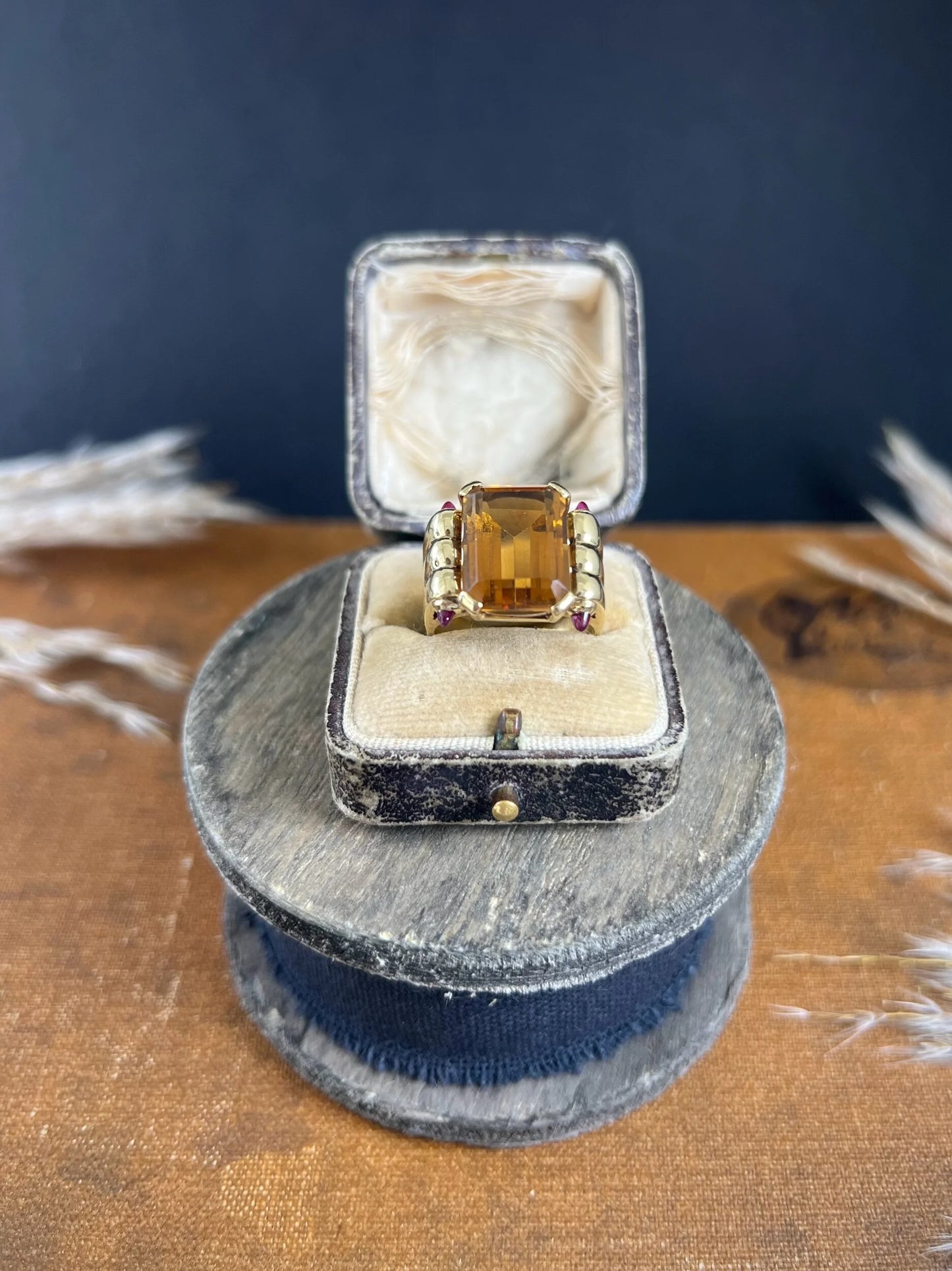 Vintage 18 Carat Yellow Gold Citrine and Cabochon Ruby Cocktail Ring, Circa 1940