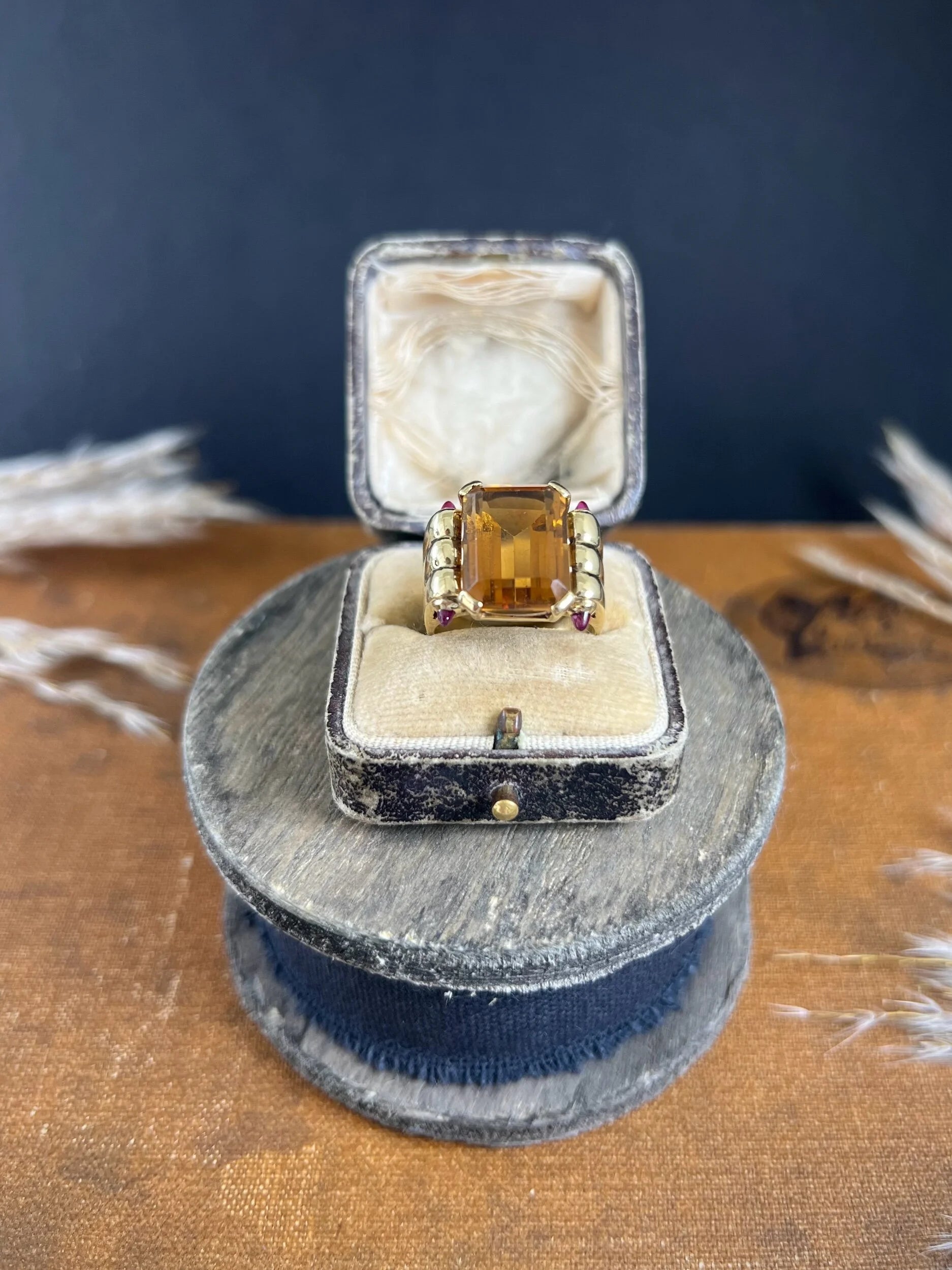 Vintage 18 Carat Yellow Gold Citrine and Cabochon Ruby Cocktail Ring, Circa 1940