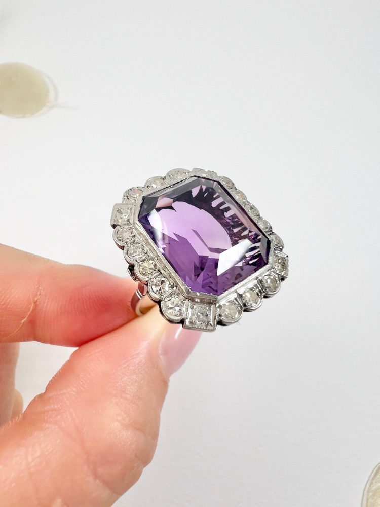 Antique 12 Carat Amethyst Cluster Halo Ring In 18 Carat White Gold And Platinum