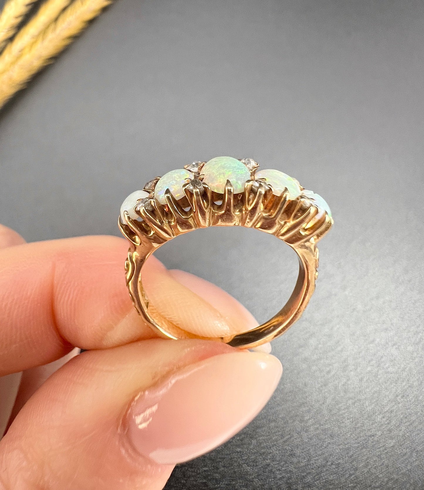 Antique 14ct Yellow Gold Stamped, 1920s Opal & Diamond Five Stone Ring