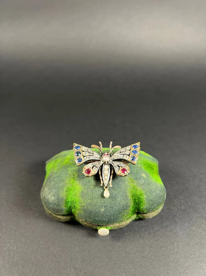 Antique Butterfly Brooch in 18 Carat Rose Gold And Silver With Gemstones