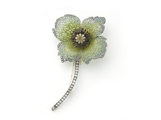 Blue and Green Enamel and Diamond Poppy Brooch
