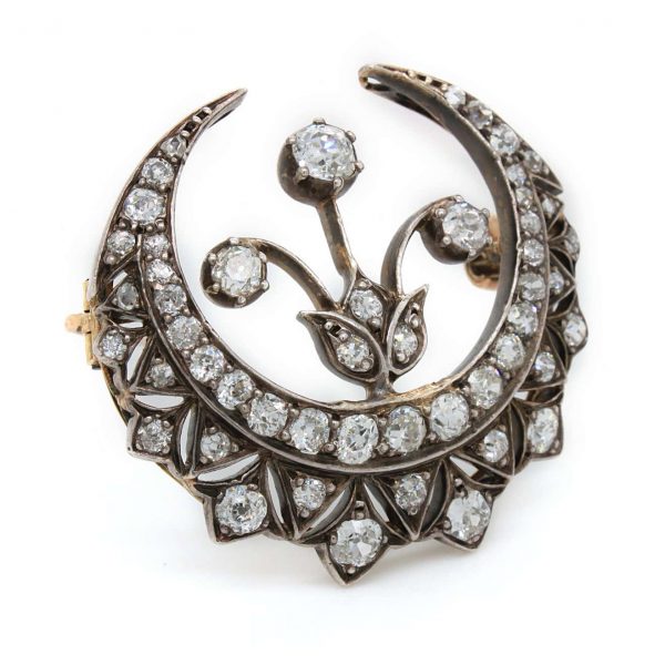 Antique Victorian Diamond Crescent and Flower Brooch