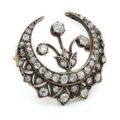 Antique Victorian Diamond Crescent and Flower Brooch
