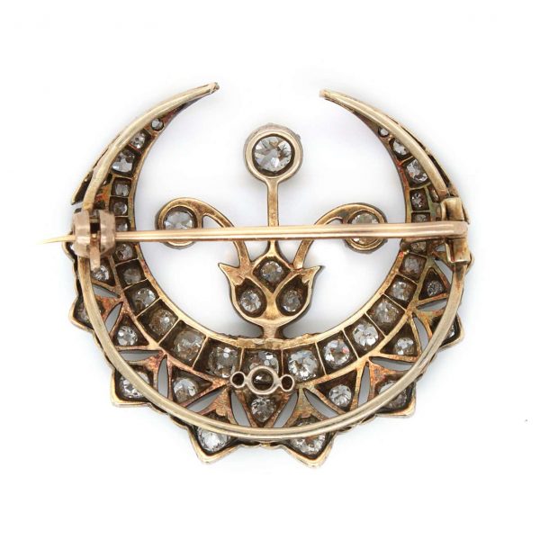 Antique Victorian Diamond Crescent and Flower Brooch