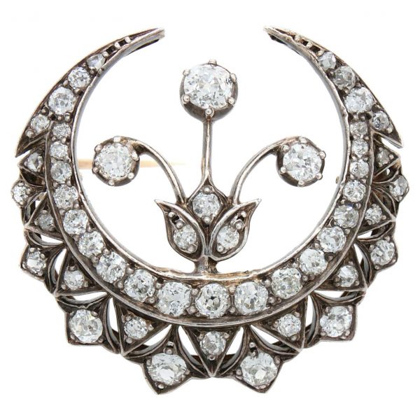 Antique Victorian Diamond Crescent and Flower Brooch
