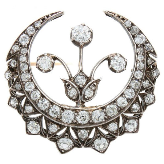Antique Victorian Diamond Crescent and Flower Brooch