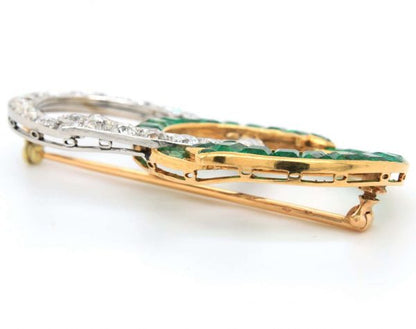 Antique French Art Nouveau Intertwined Emerald and Diamond Brooch by George Fonsèque