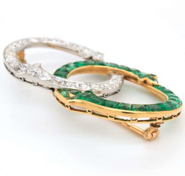 Antique French Art Nouveau Intertwined Emerald and Diamond Brooch by George Fonsèque