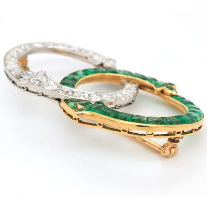 Antique French Art Nouveau Intertwined Emerald and Diamond Brooch by George Fonsèque