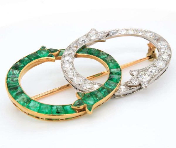Antique French Art Nouveau Intertwined Emerald and Diamond Brooch by George Fonsèque