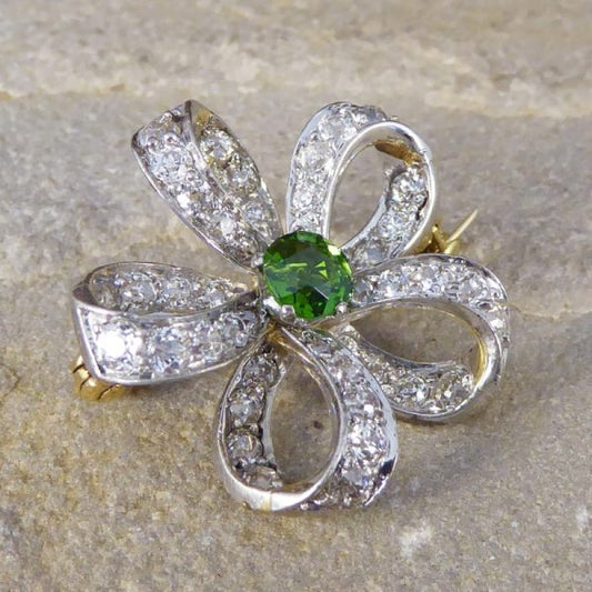 Antique Victorian Green Garnet & Diamond Flower Brooch Pendant