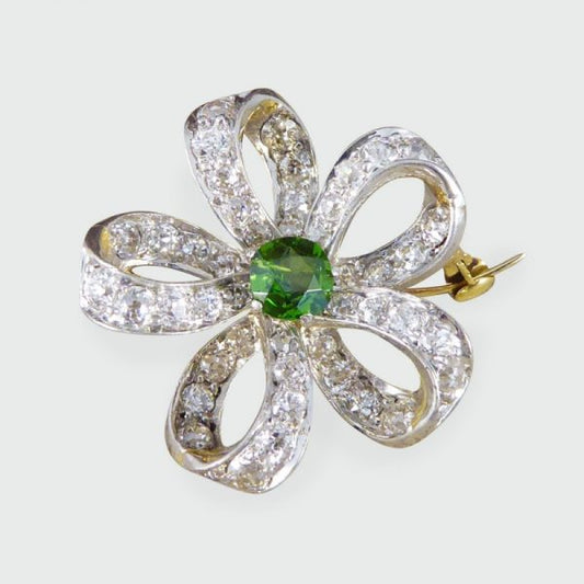 Antique Victorian Green Garnet & Diamond Flower Brooch Pendant
