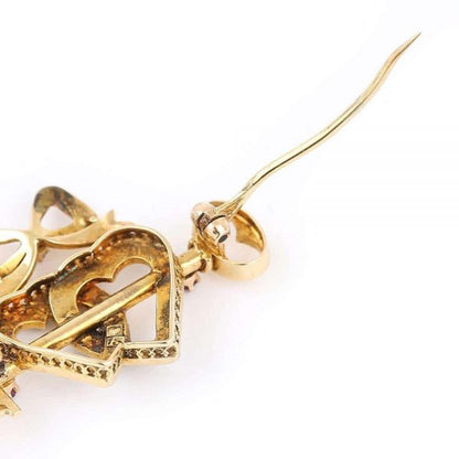 Antique Victorian 15 Carat Gold Pearl Dual Sweet Heart Ruby Key and Diamond Bow Brooch