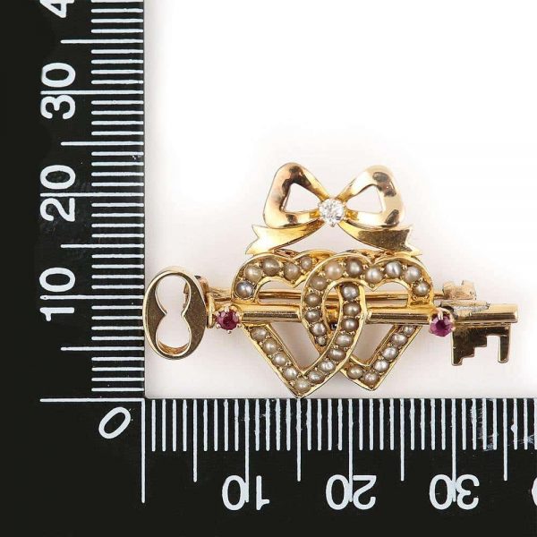Antique Victorian 15 Carat Gold Pearl Dual Sweet Heart Ruby Key and Diamond Bow Brooch