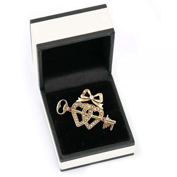 Antique Victorian 15 Carat Gold Pearl Dual Sweet Heart Ruby Key and Diamond Bow Brooch