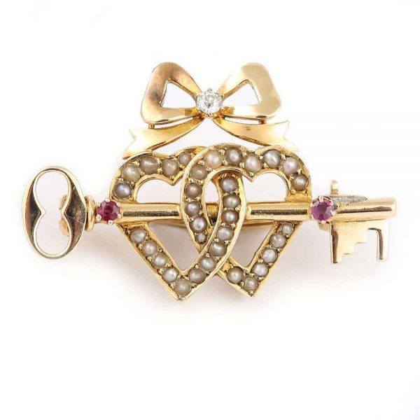 Antique Victorian 15 Carat Gold Pearl Dual Sweet Heart Ruby Key and Diamond Bow Brooch