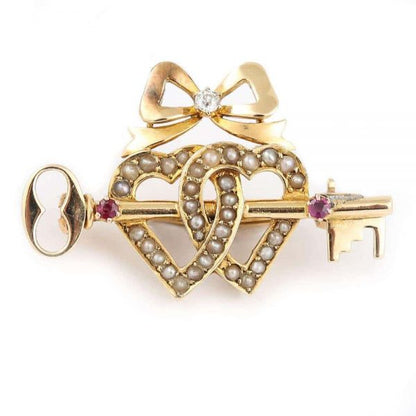 Antique Victorian 15 Carat Gold Pearl Dual Sweet Heart Ruby Key and Diamond Bow Brooch