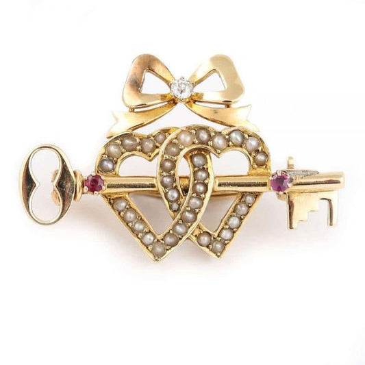 Antique Victorian 15 Carat Gold Pearl Dual Sweet Heart Ruby Key and Diamond Bow Brooch