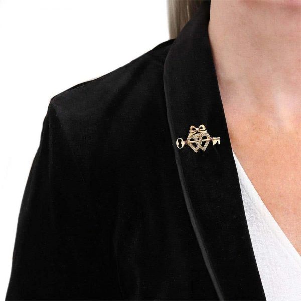 Antique Victorian 15 Carat Gold Pearl Dual Sweet Heart Ruby Key and Diamond Bow Brooch