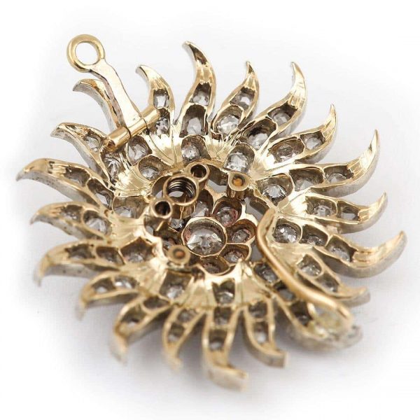 Antique Victorian 1.40 Carat Diamond Sunburst Star Brooch Pendant, Circa 1890
