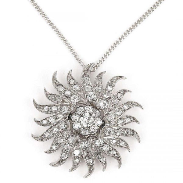 Antique Victorian 1.40 Carat Diamond Sunburst Star Brooch Pendant, Circa 1890