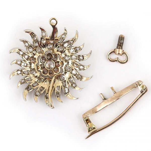 Antique Victorian 1.40 Carat Diamond Sunburst Star Brooch Pendant, Circa 1890