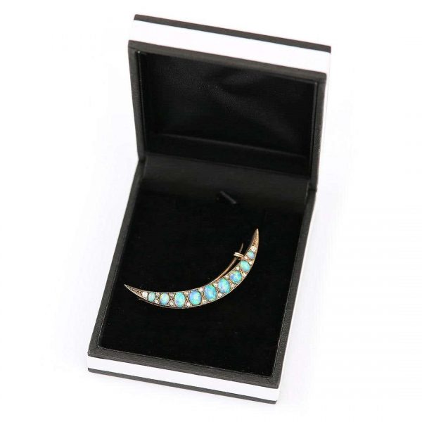 Antique Victorian Opal and Diamond Crescent Brooch Circa 1890