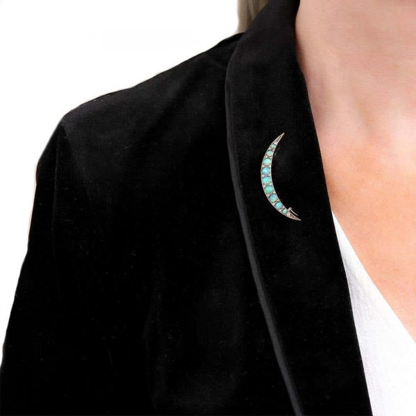 Antique Victorian Opal and Diamond Crescent Brooch Circa 1890