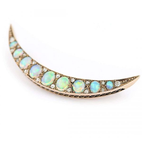 Antique Victorian Opal and Diamond Crescent Brooch Circa 1890