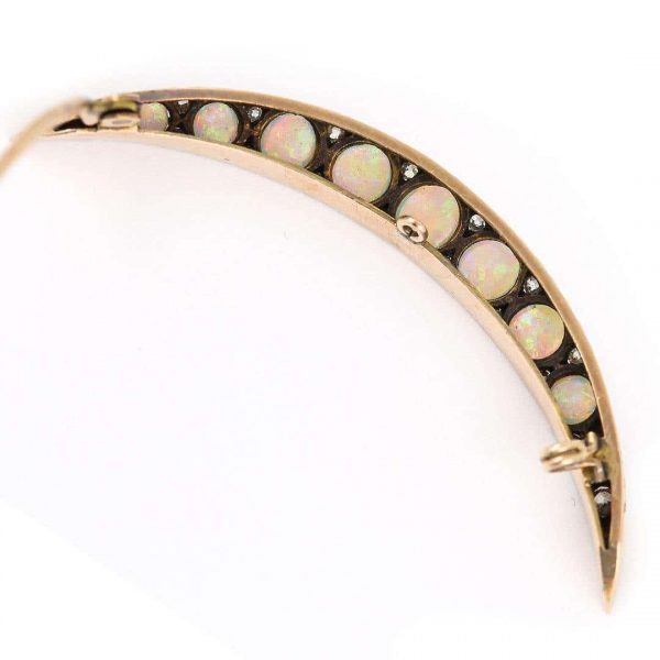 Antique Victorian Opal and Diamond Crescent Brooch Circa 1890