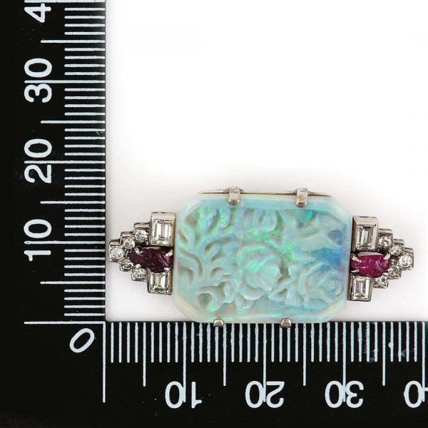 Antique Art Deco Platinum 7.30ct Carved Opal Ruby and Diamond Brooch Circa 1920