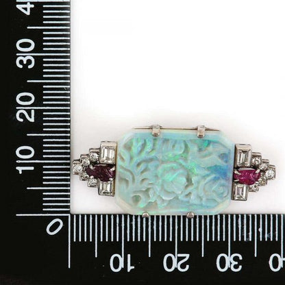 Antique Art Deco Platinum 7.30ct Carved Opal Ruby and Diamond Brooch Circa 1920
