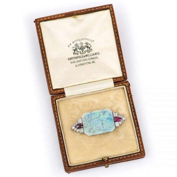 Antique Art Deco Platinum 7.30ct Carved Opal Ruby and Diamond Brooch Circa 1920