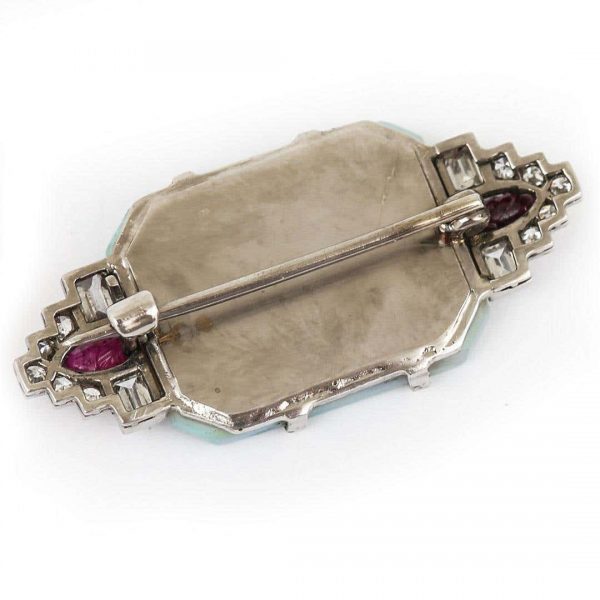 Antique Art Deco Platinum 7.30ct Carved Opal Ruby and Diamond Brooch Circa 1920