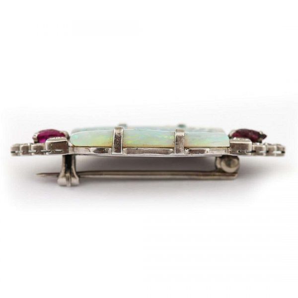 Antique Art Deco Platinum 7.30ct Carved Opal Ruby and Diamond Brooch Circa 1920