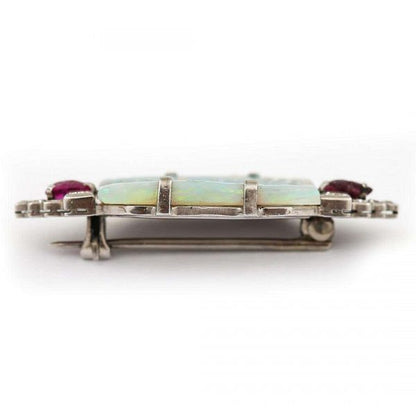 Antique Art Deco Platinum 7.30ct Carved Opal Ruby and Diamond Brooch Circa 1920