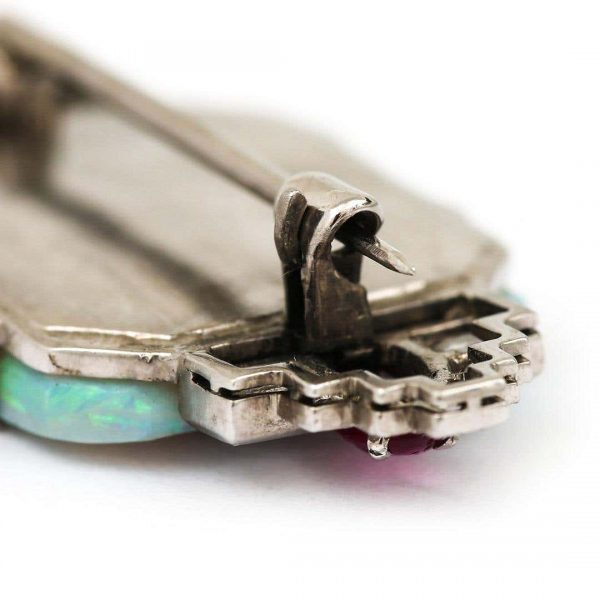 Antique Art Deco Platinum 7.30ct Carved Opal Ruby and Diamond Brooch Circa 1920