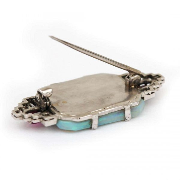 Antique Art Deco Platinum 7.30ct Carved Opal Ruby and Diamond Brooch Circa 1920